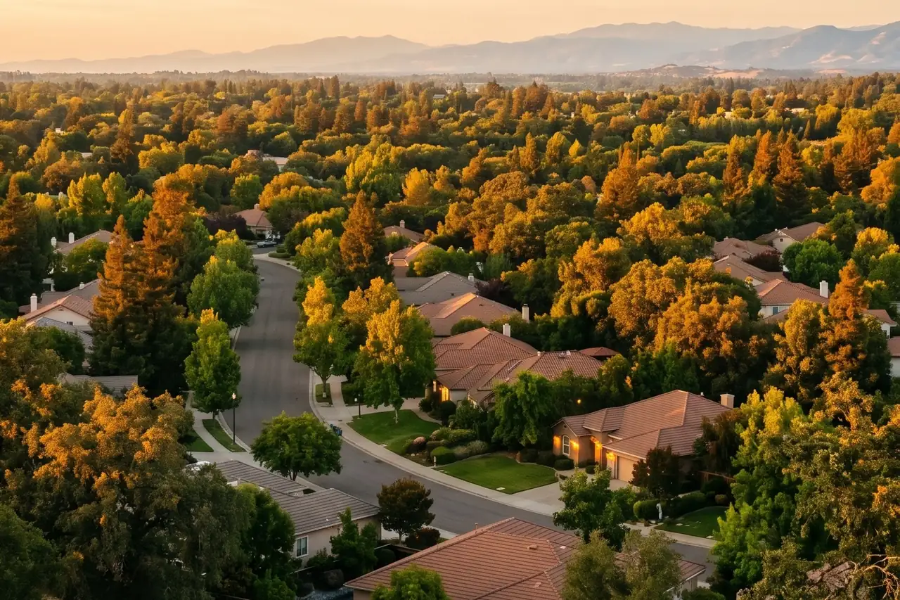 A tree-lined suburban neighborhood at golden hour, with foothills on the horizon.